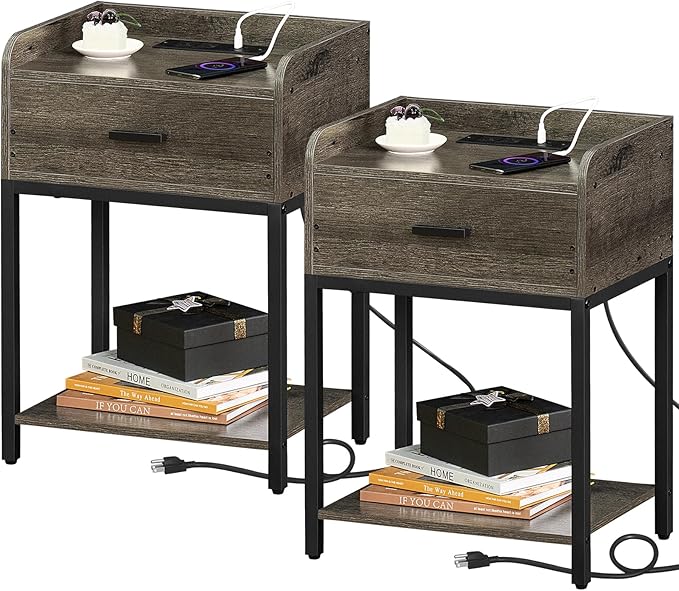 Nightstand with Charging Station and USB Ports, Natural Night Stand with Storage Drawers