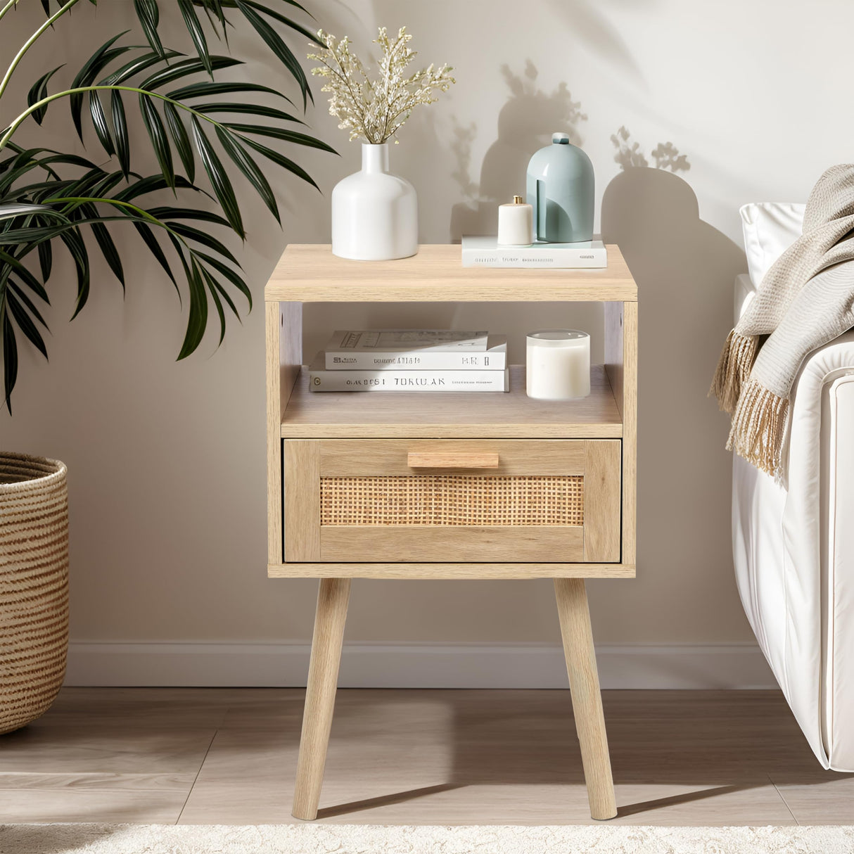 Nightstands Set of 2, End Table, Nightstand, Side Table with Hand Made Rattan Decorated