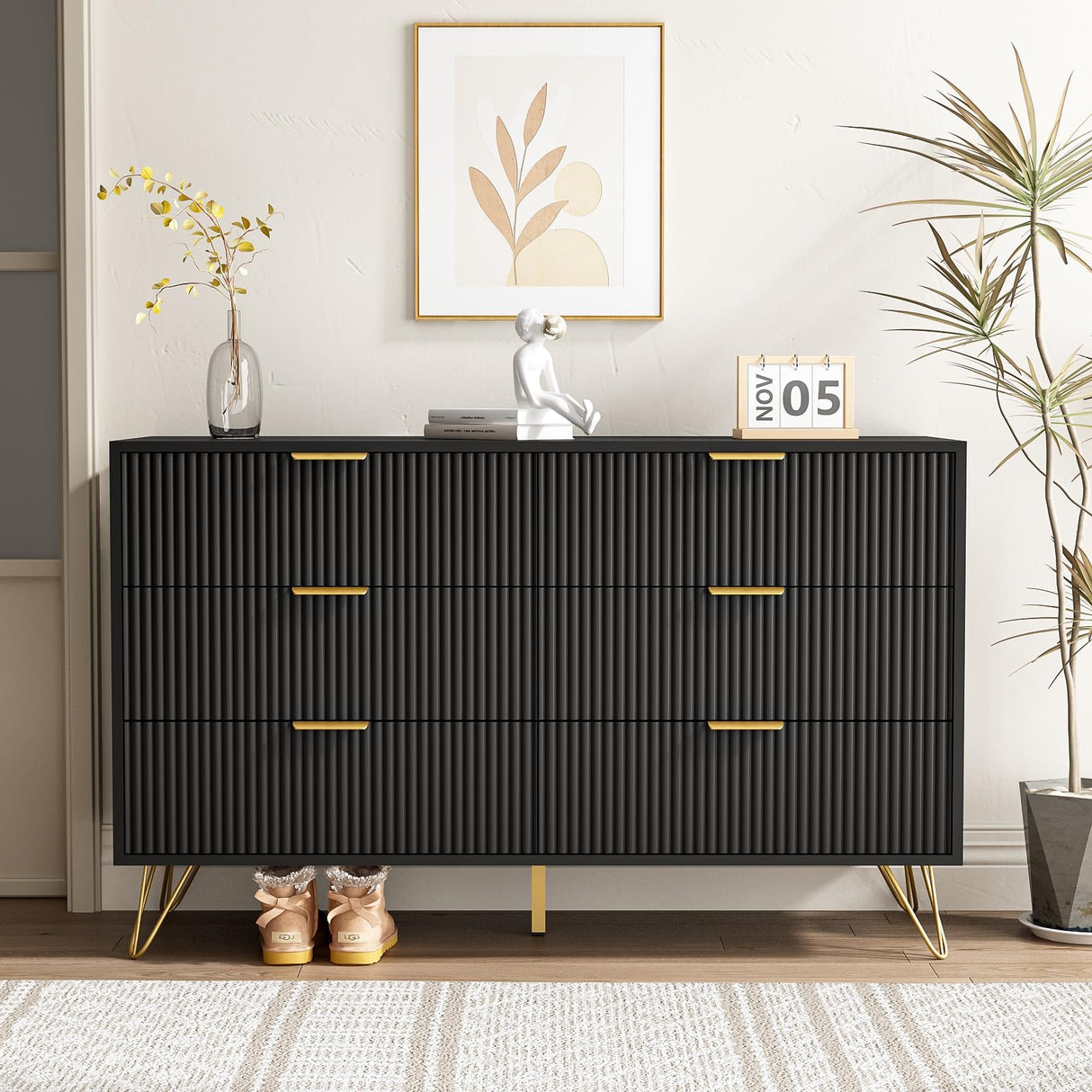 Black Dresser with 6 Drawer Dresser, Fluted Wood Dresser