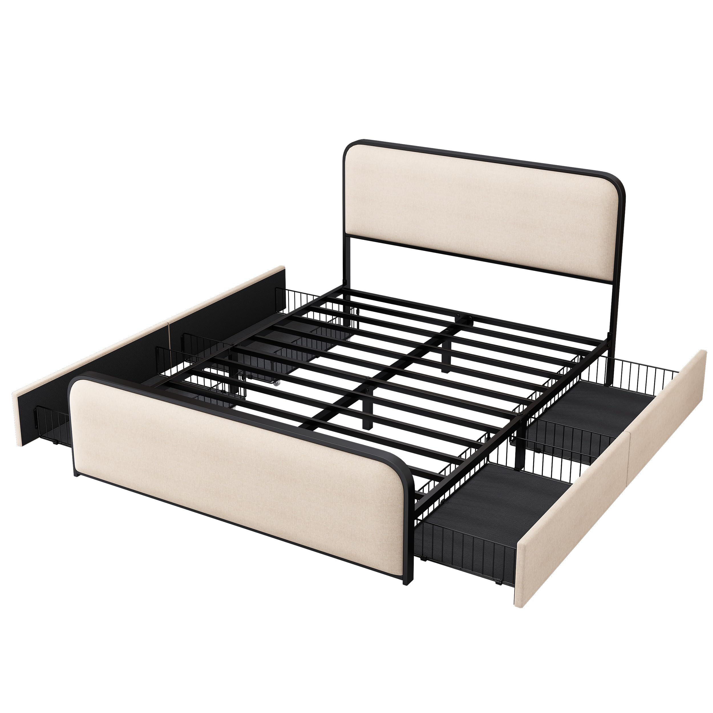 Queen Size Modern Metal Bed Frame with Curved Upholstered Headboard and Footboard,