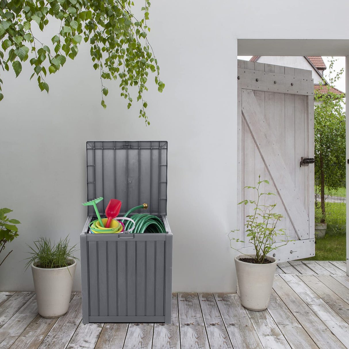 51 Gallon Medium Deck Box Organization, Resin Storage Box for Patio Furniture or Tools