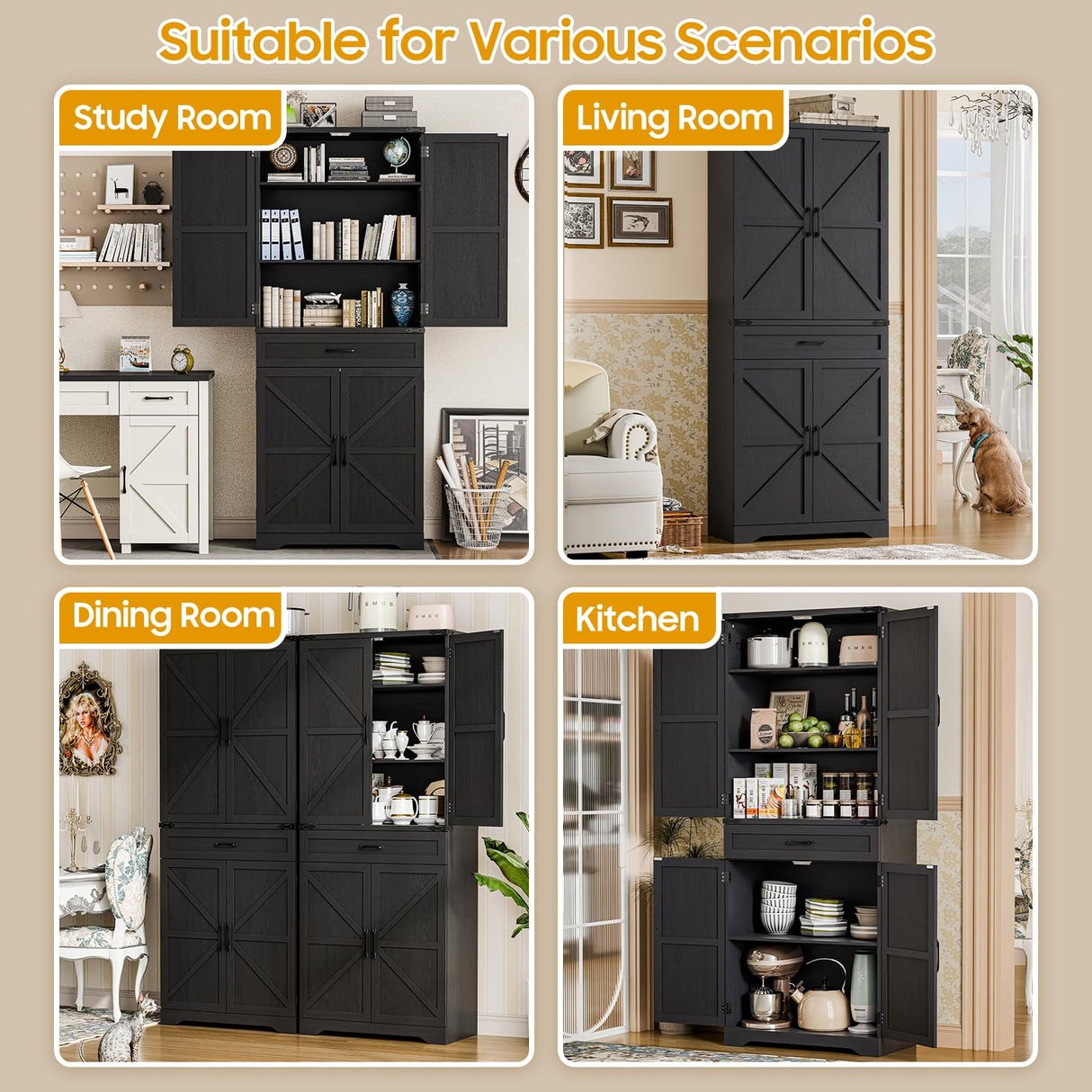 72" Tall Farmhouse Kitchen Pantry, Farmhouse Storage Cabinet with Adjustable Shelves, Large Capacity Storage Cabinet with Drawer,Freestanding Cupboard for Kitchen, Dining Room, Living Room, Black