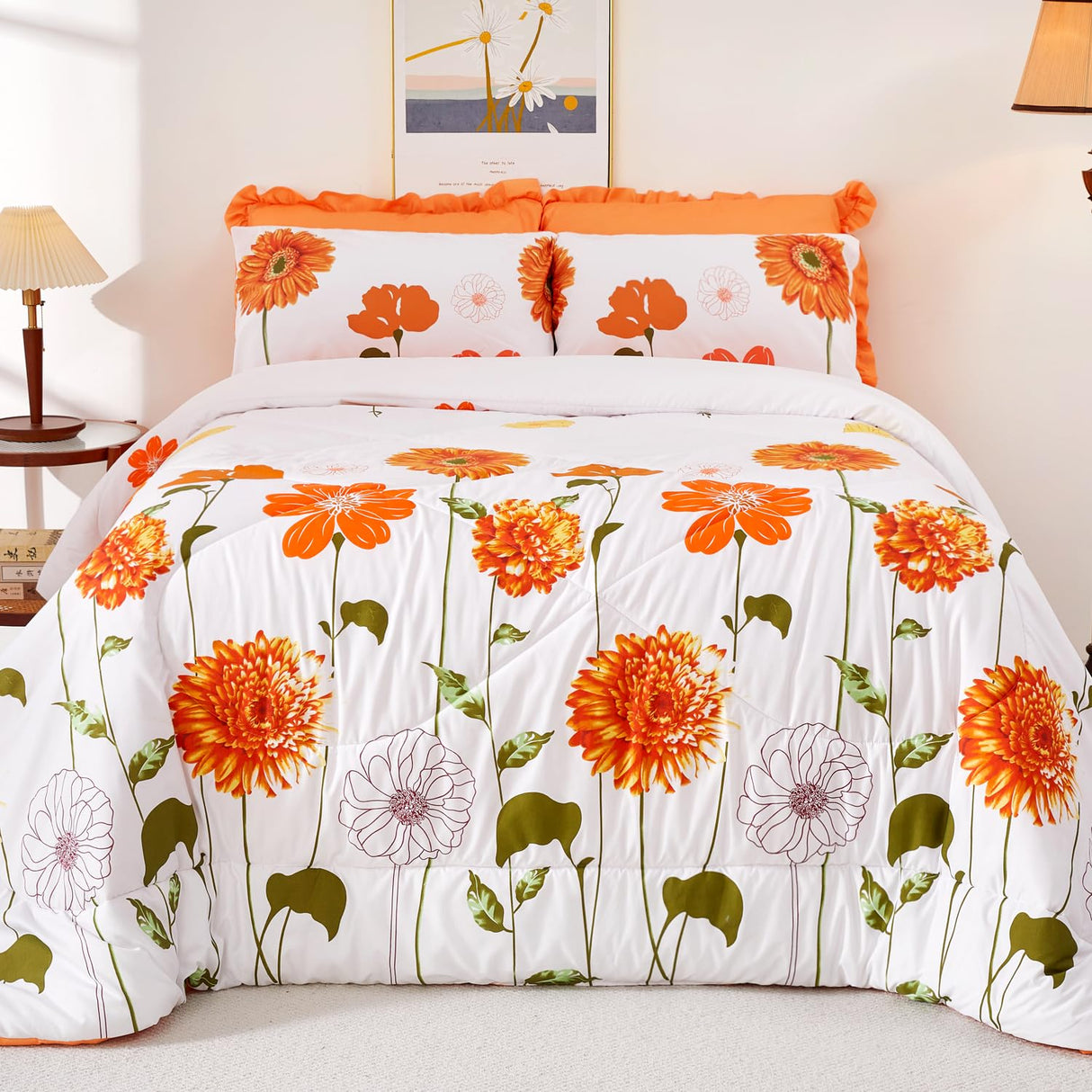 Queen Comforter Set 7 Pieces Reversible Queen Size Comforters for All Season Orange
