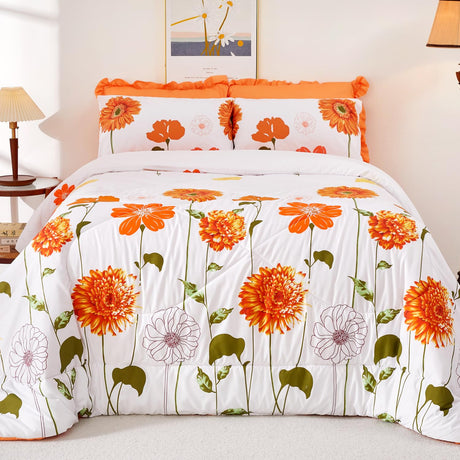 Queen Comforter Set 7 Pieces Reversible Queen Size Comforters for All Season Orange