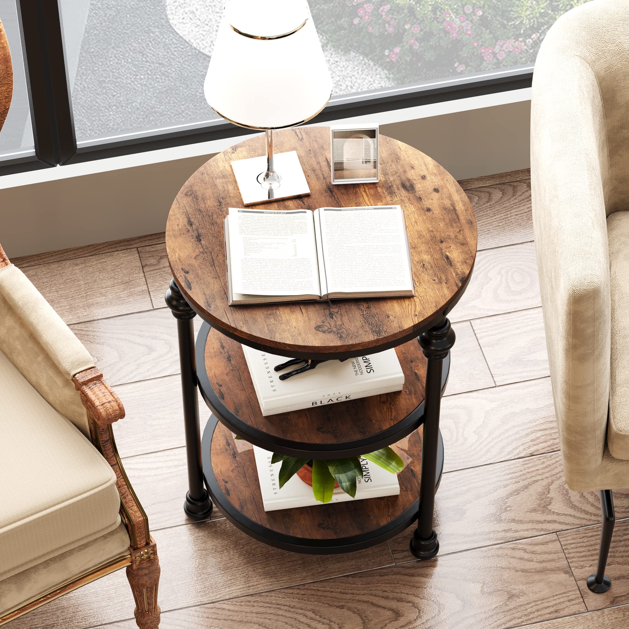 Small Side Table, Round End Table with 3 Shelves for Living Room, Bedroom