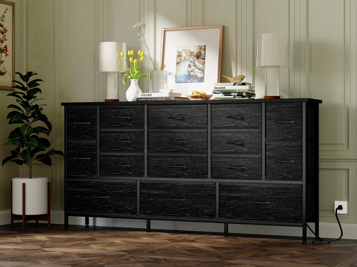 63.3 Inch Large Black Dresser for Bedroom, 16 Drawer Dresser, Long TV Stand for 55, 65,