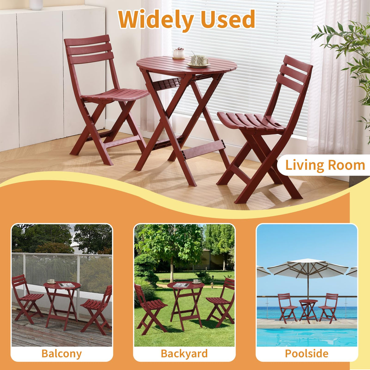TAO ONE Patio Bistro Set, 3 Piece Plastic Folding Bistro Set, Portable Outdoor Patio Table and Chairs Set, Foldable Patio Furniture Set for Balcony, Porch, Backyard, Garden,Poolside (Red)