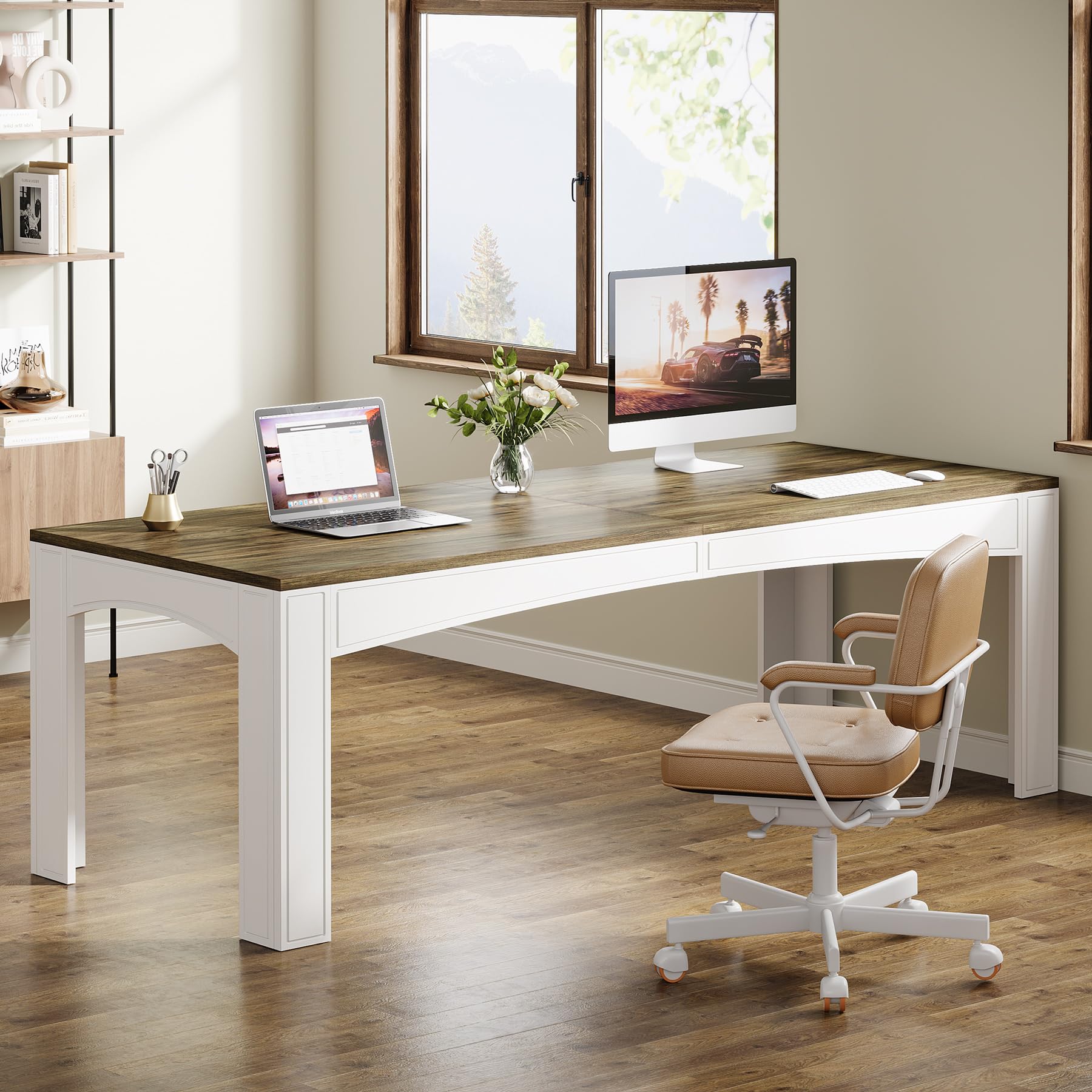 78.74-Inch 2-Person Desk, Extra Long Computer Desk for Two People, Wooden Large Double Desk Work Study Writing Desk for Home Office, Brown & White