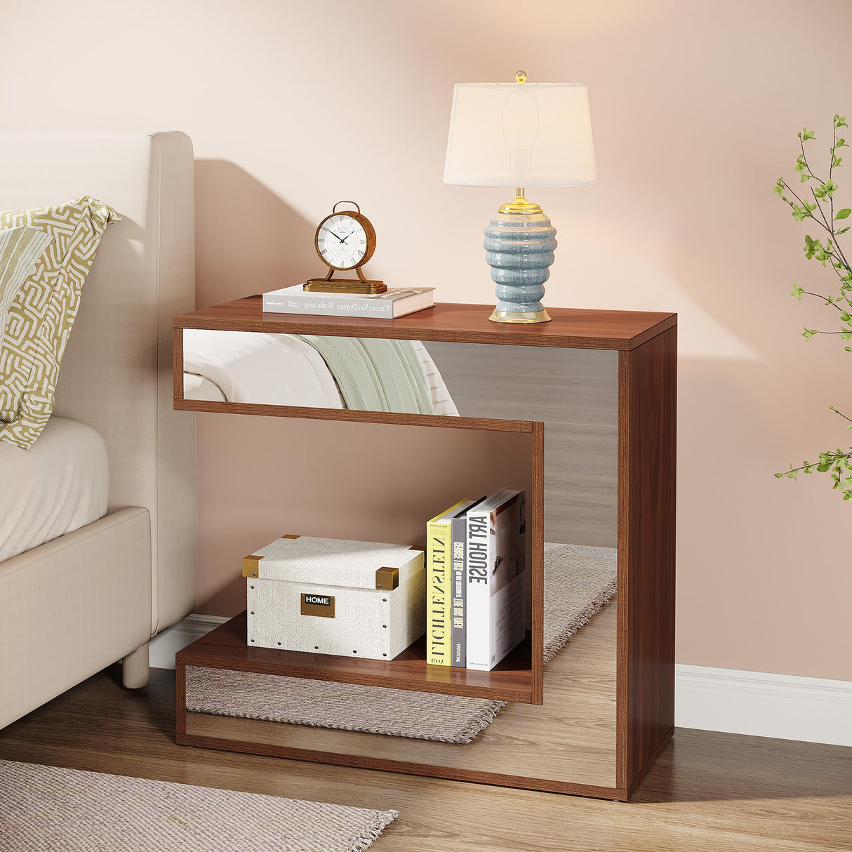Mirrored End Table, Narrow Side Table with Storage Shelf for Living Room, Wood Bedside