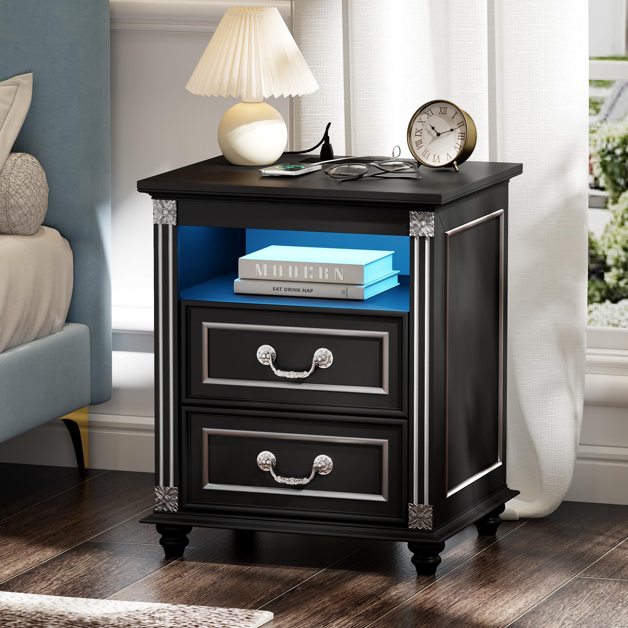 Night Stand with Charging Station, Nightstands with 3 Color LED Lights, Side Table with 2