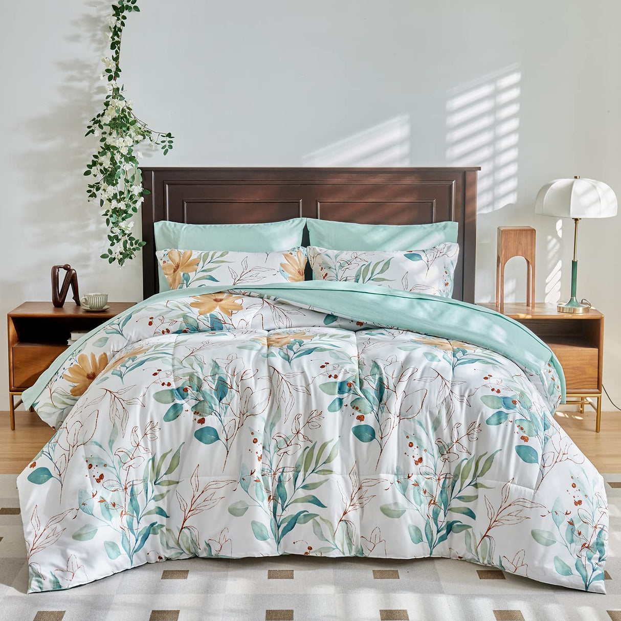 White Comforter Sheet Set with Green Leaves Botanical Bed in a Bag 6 Pieces Twin Size