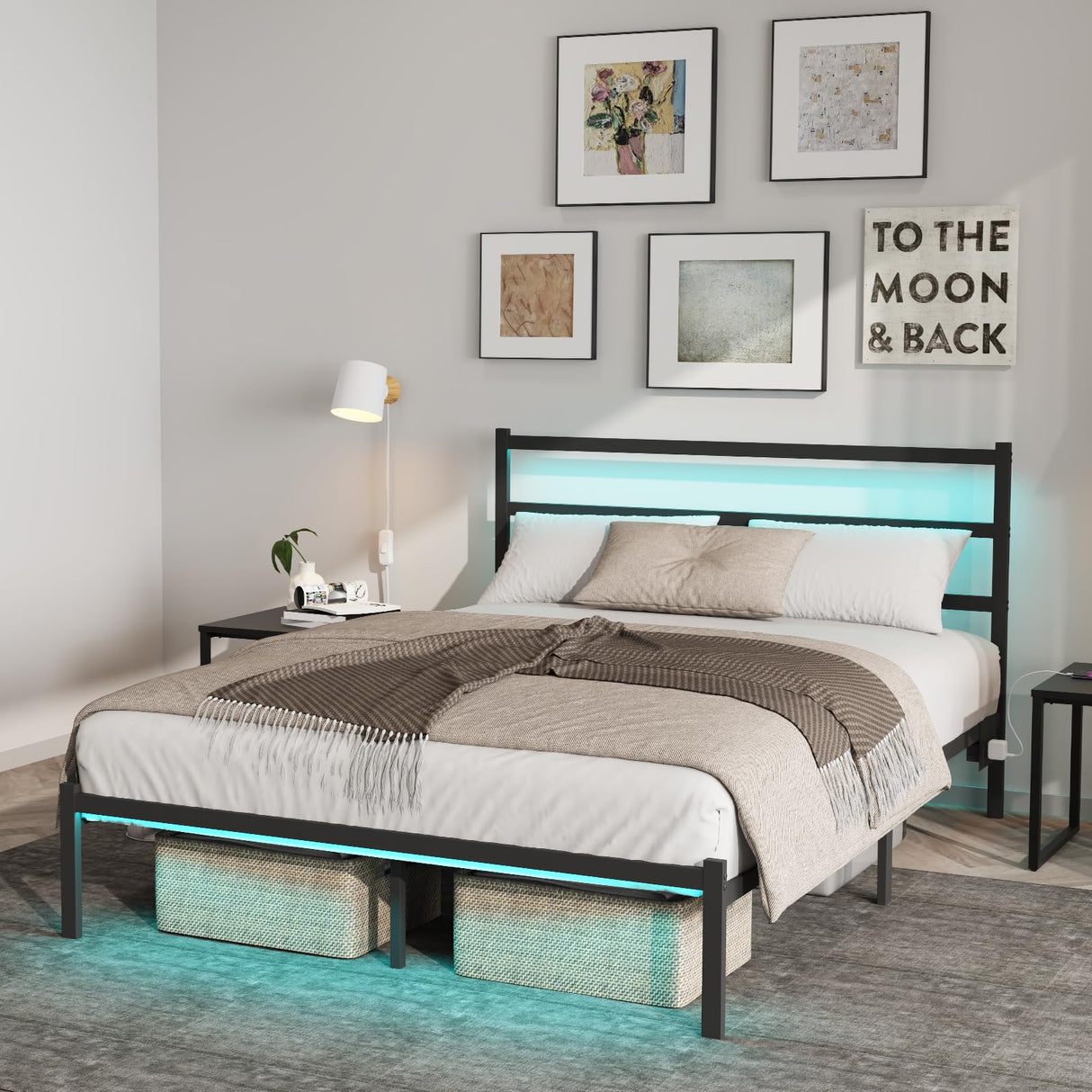 Full Size Bed Frame, with LED Light and Charging Station
