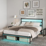Full Size Bed Frame, with LED Light and Charging Station