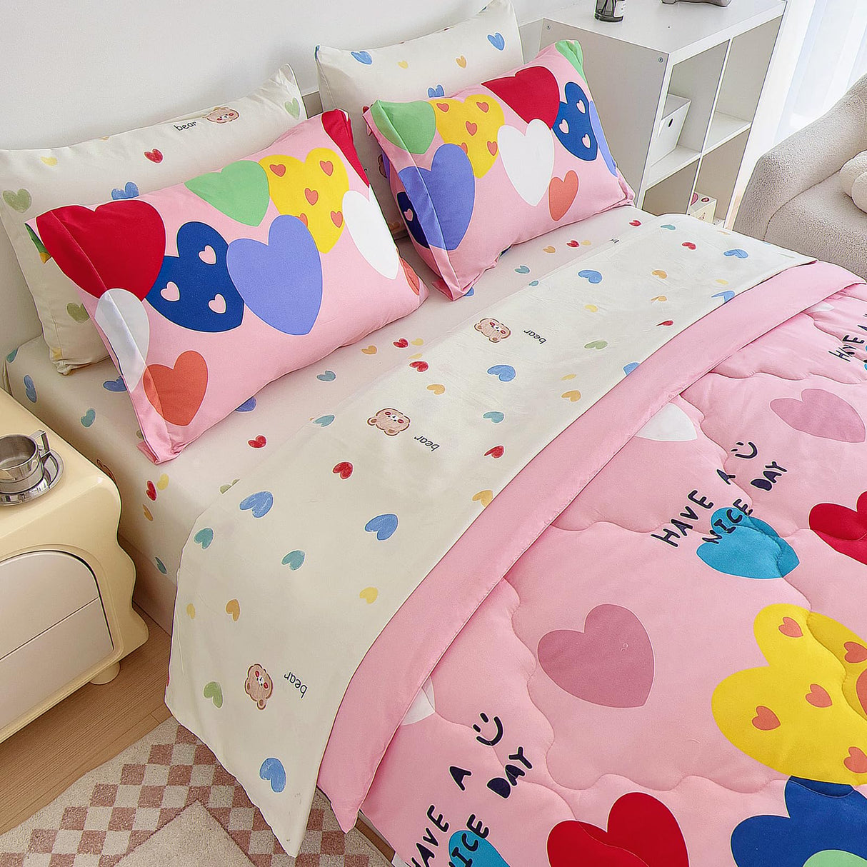 7 Piece Girls Love Heart Bedding Comforter Sets Full Size - Colourful Reversible Cute