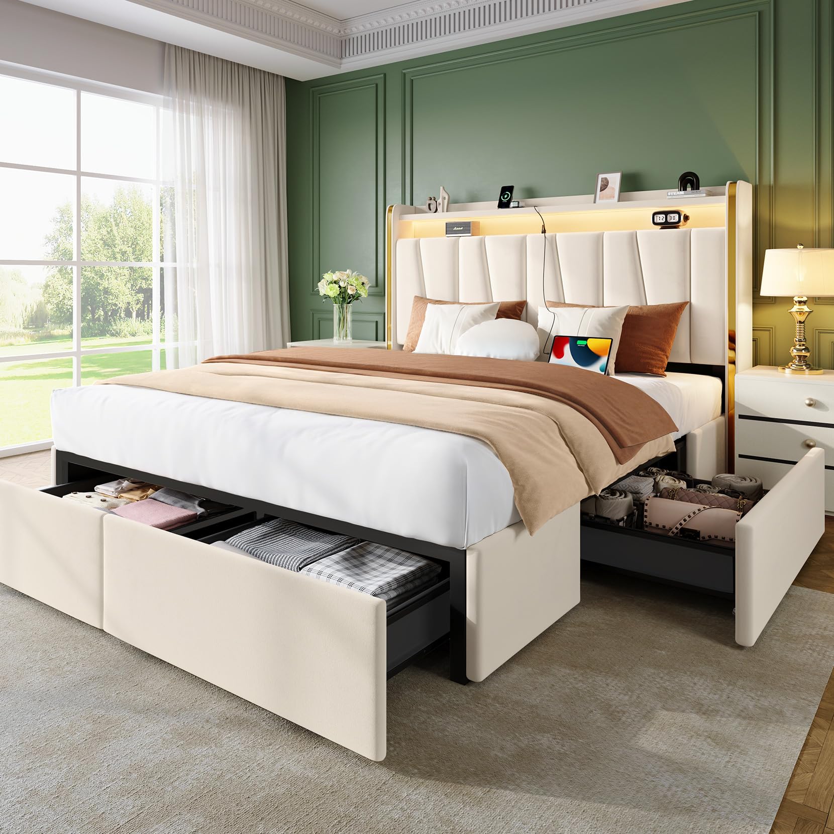 Queen Platform Bed Frame with Storage Drawers & LED Headboard