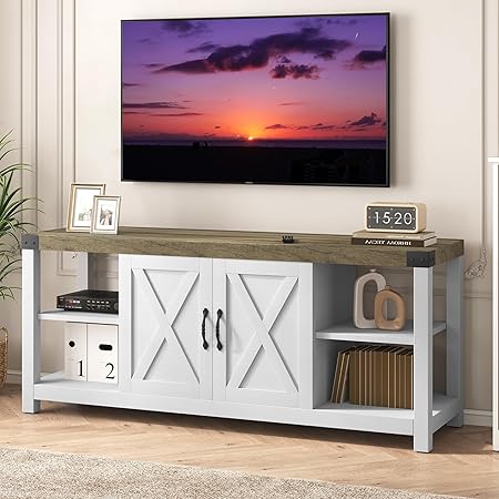 Farmhouse TV Stand for 65/60/55 Inches, Mid Century Modern Entertainment Center