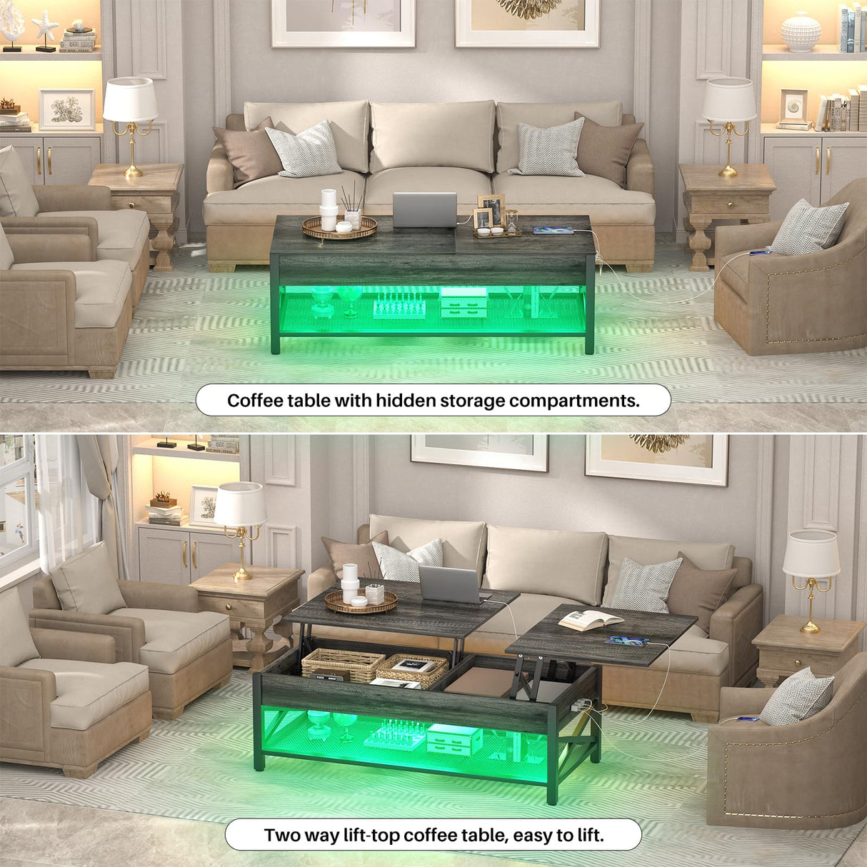 Coffee Table, Lift Top Coffee Table with LED light and Power Outlet