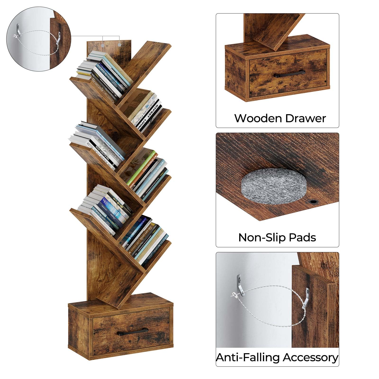 Rolanstar Bookshelf with Wooden Drawer, 7 Shelf Tree Bookshelf, Modern Book Storage, Free Standing Tree Bookcase, Utility Organizer Shelves for Home Office, Living Room, Bedroom, Rustic Brown