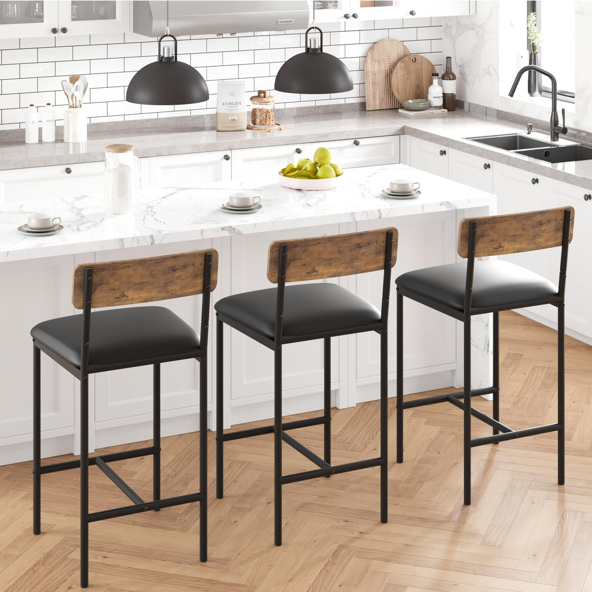 Bar Stools Set of 2, Upholstered Bar Chairs with Back, 25.5 Inches Kitchen Bar Stools