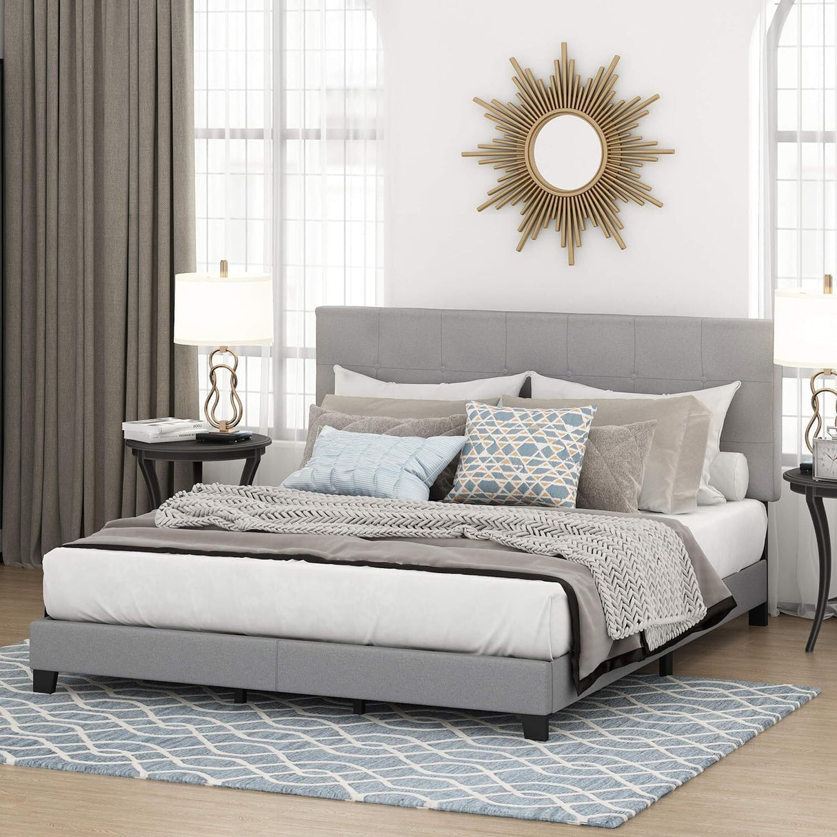 Maykoosh Contemporary Cool Button Tufted Bed Frame in Linen with 12 Piece Slat Style, King Size for A Stylish and Comfortable Bedroom Retreat