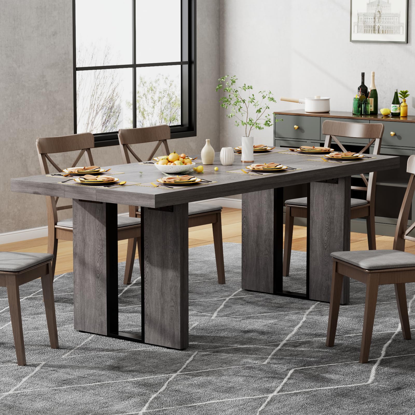 70.8 Inch Dining Table, Vintage Grey Modern Kitchen Table for 6-8 People, Large Dinning