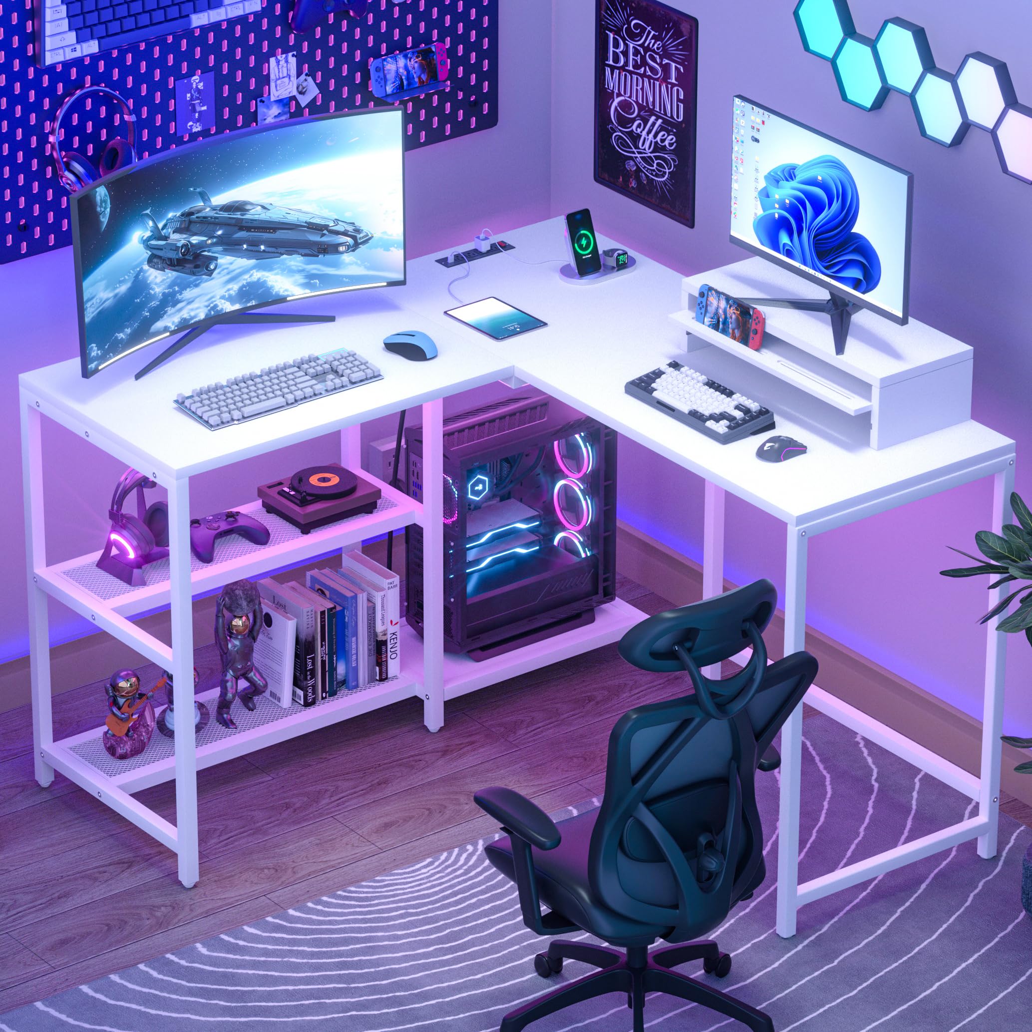 Shaped Desk with Power Outlets, Wood Computer Desk with Monitor Stand and Storage