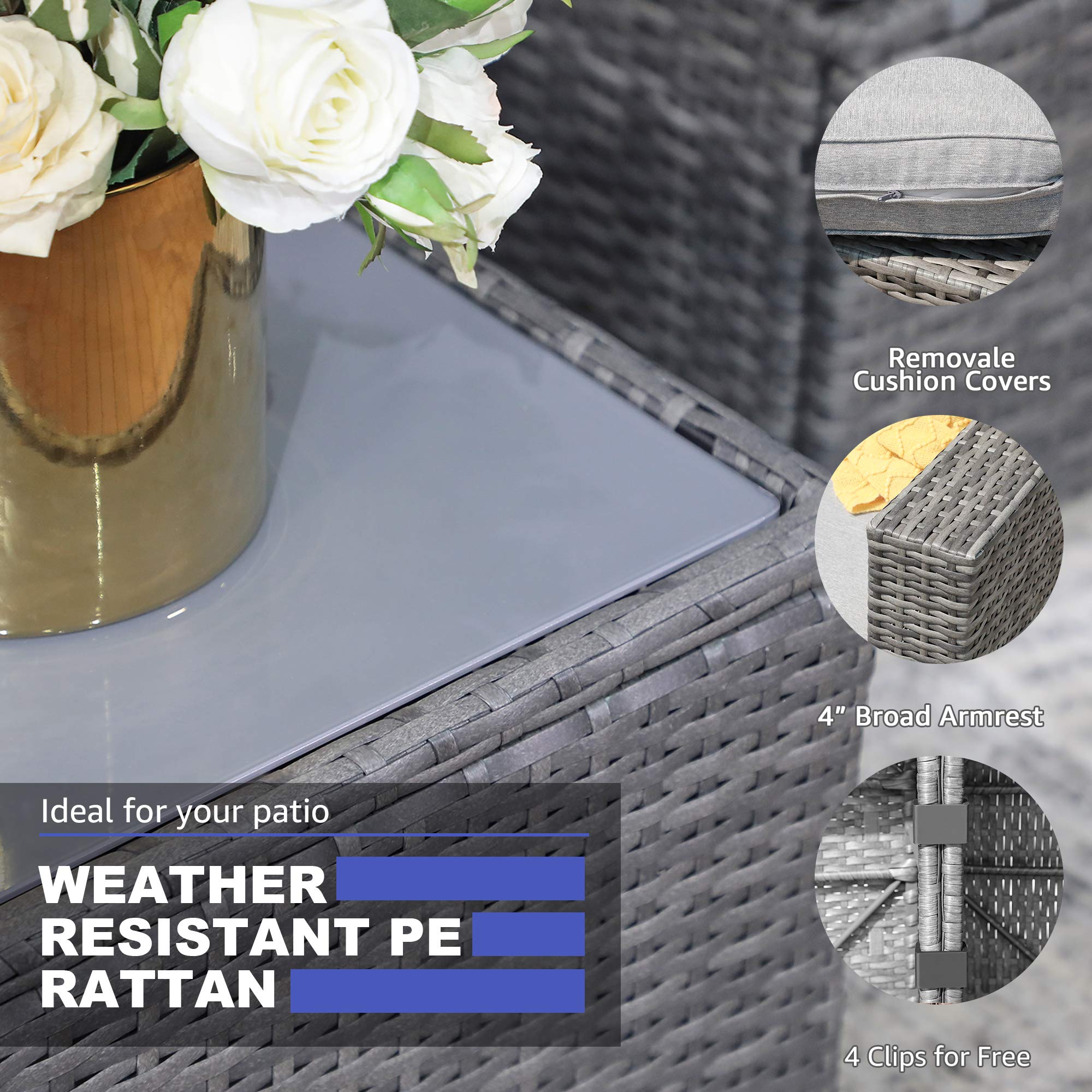 Outdoor Wicker Loveseat 2 Pieces, All Weather Grey PE Rattan Sectional Corner Sofa Set