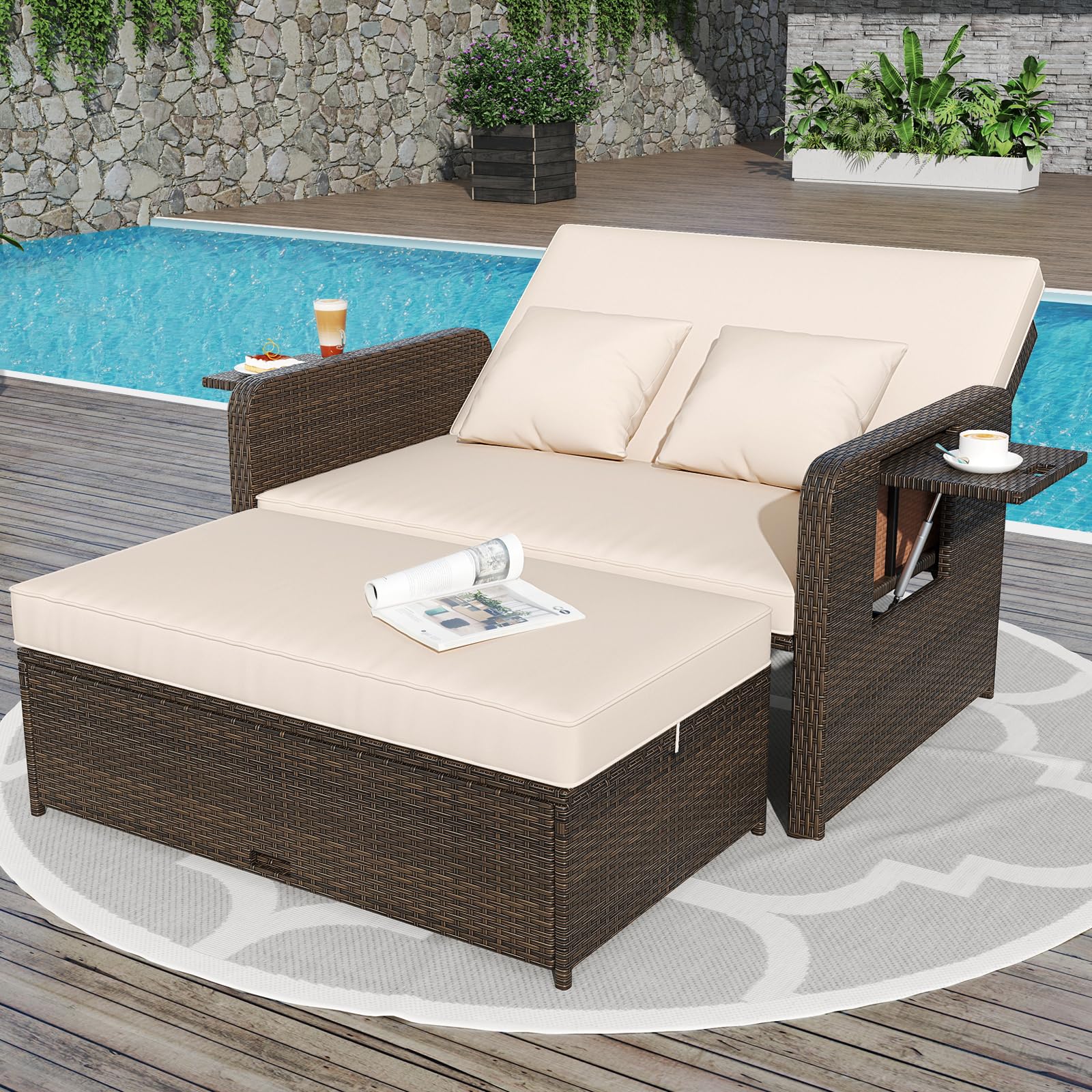 Outdoor Daybed with Storage Ottoman, Wicker Chaise Lounge Chair with Cushions