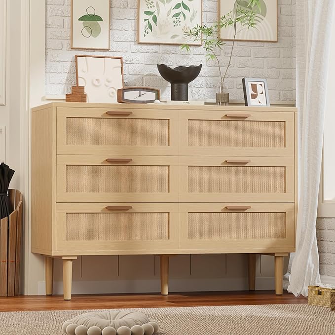 6 Drawer Double Dresser for Bedroom, Modern Rattan 6 Drawer Dresser