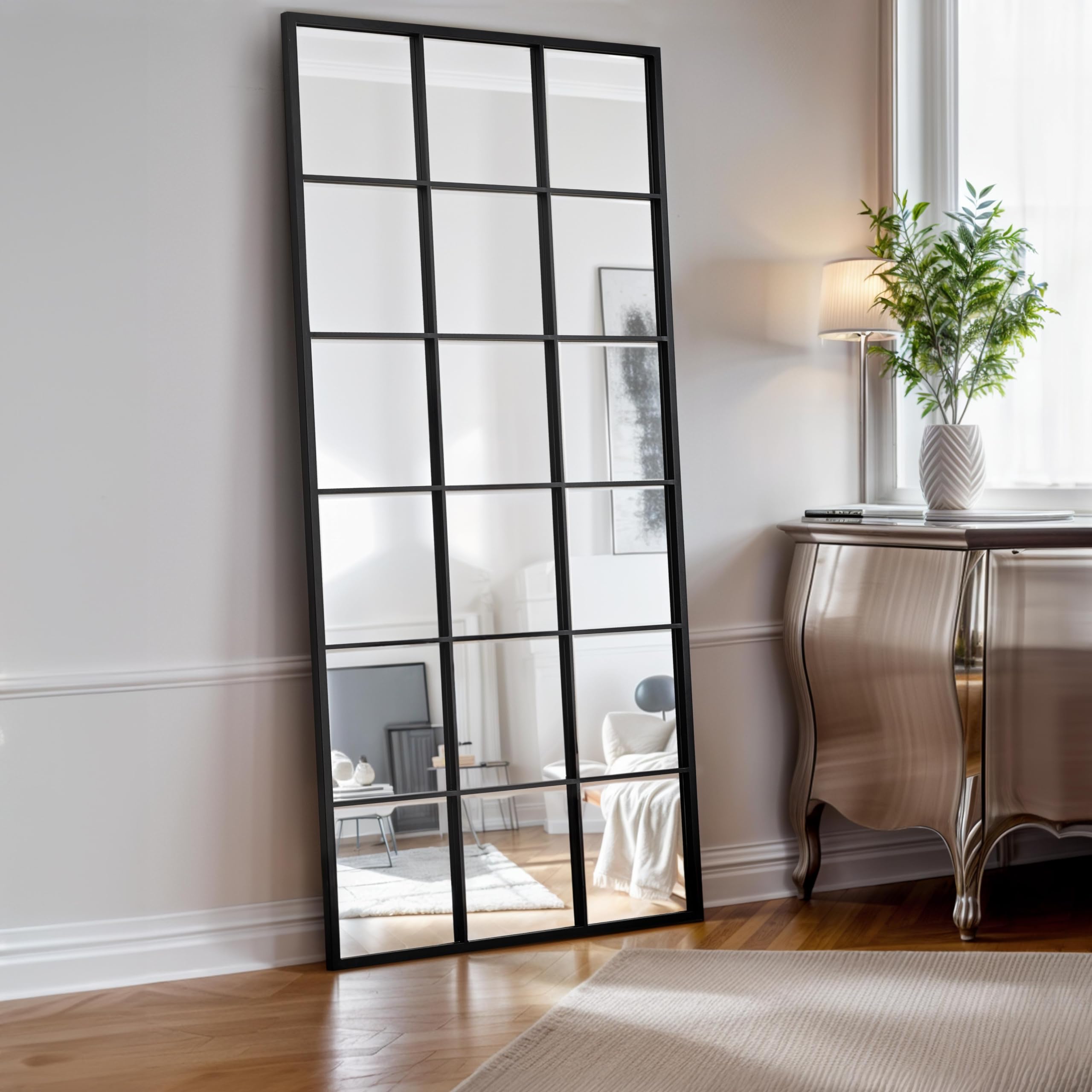 Window Pane Wall Mirror 70"x 36" - Full Length Mirror- Window Finished Black Metal Mirror