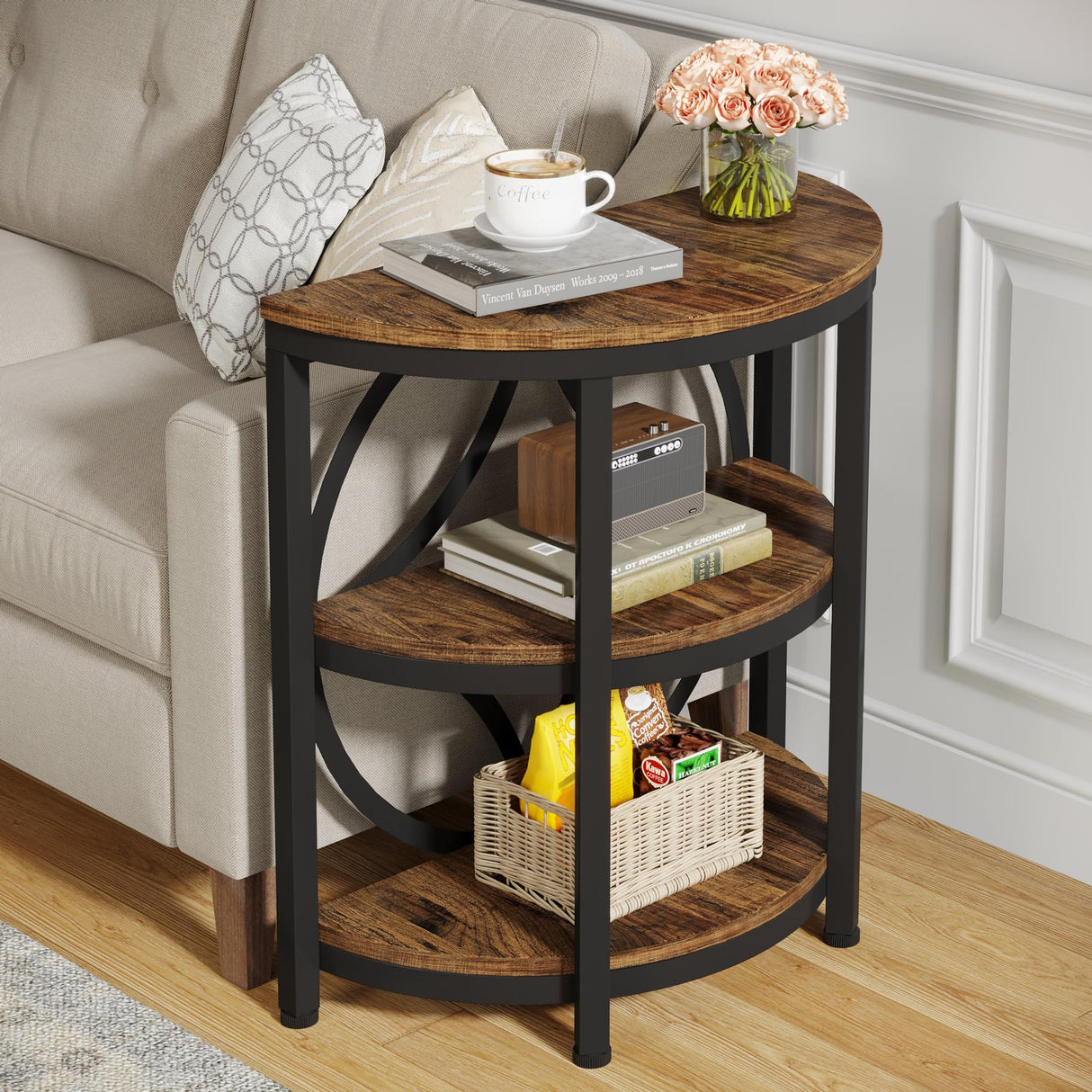 Half Round End Table, 3-Tier Narrow Side Table with Metal Frame, Half Circle Table