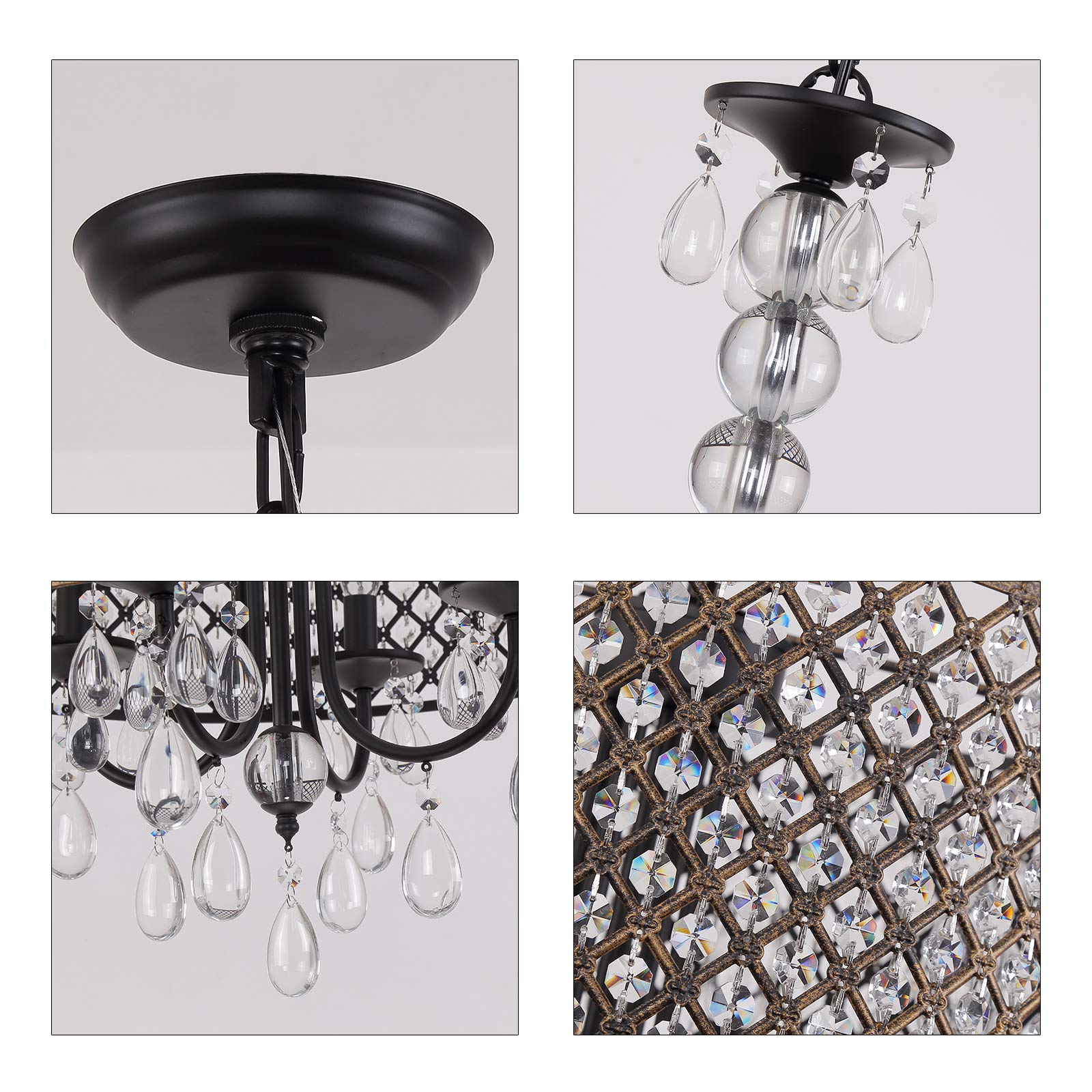 Modern Round Crystal Chandelier,Antique Beaded Drum Shade Copper Bronze 4 Lights