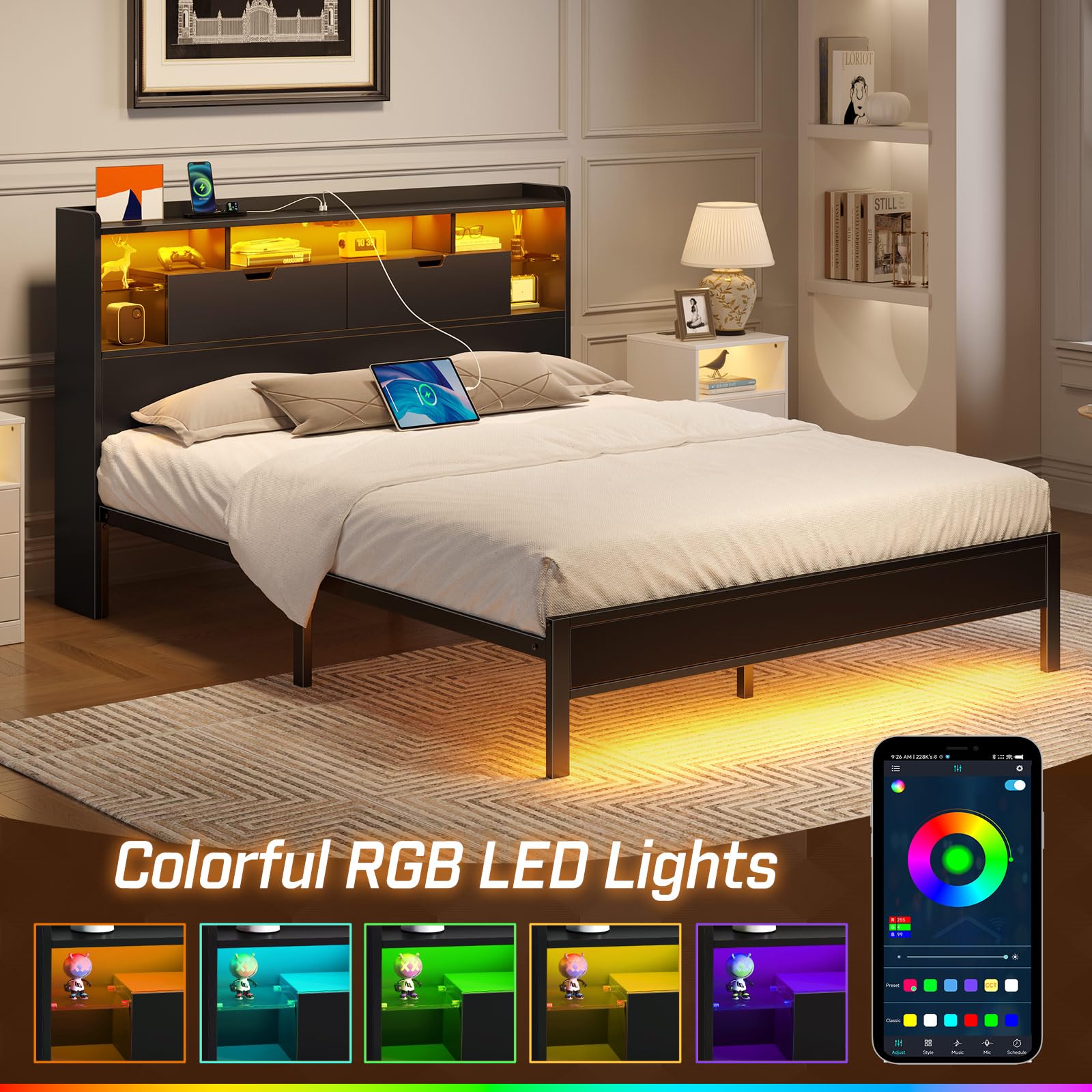 Full Size LED Bed Frame with Charging Station and Storage