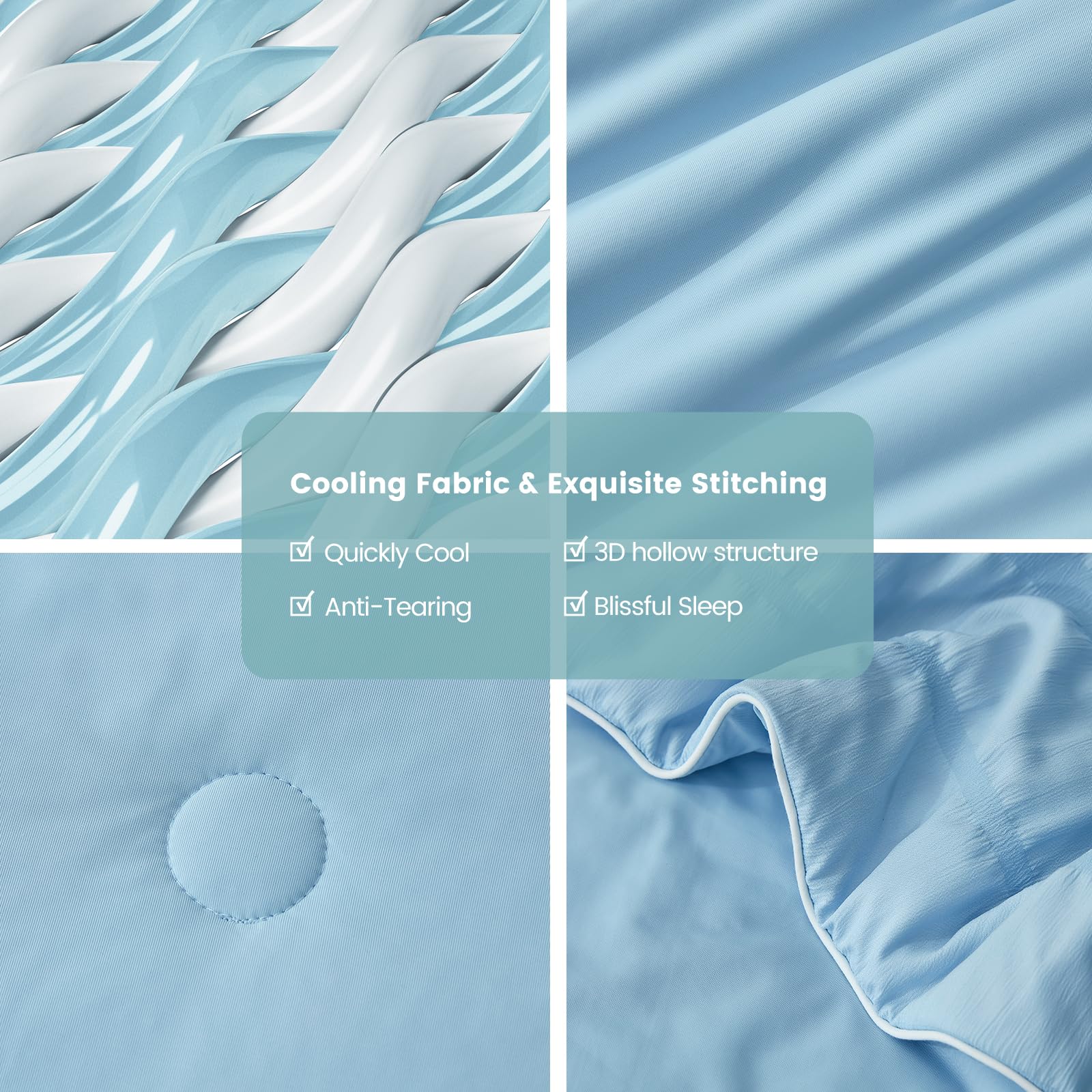 Cozy Bliss Seersucker Cooling Comforter King Size, Q-Max 0.4 Reversible Lightweight Cooling Blanket, Breathable Silk Smooth Summer Bedding Quilt for Hot Sleepers Night Sweats Cold Blue