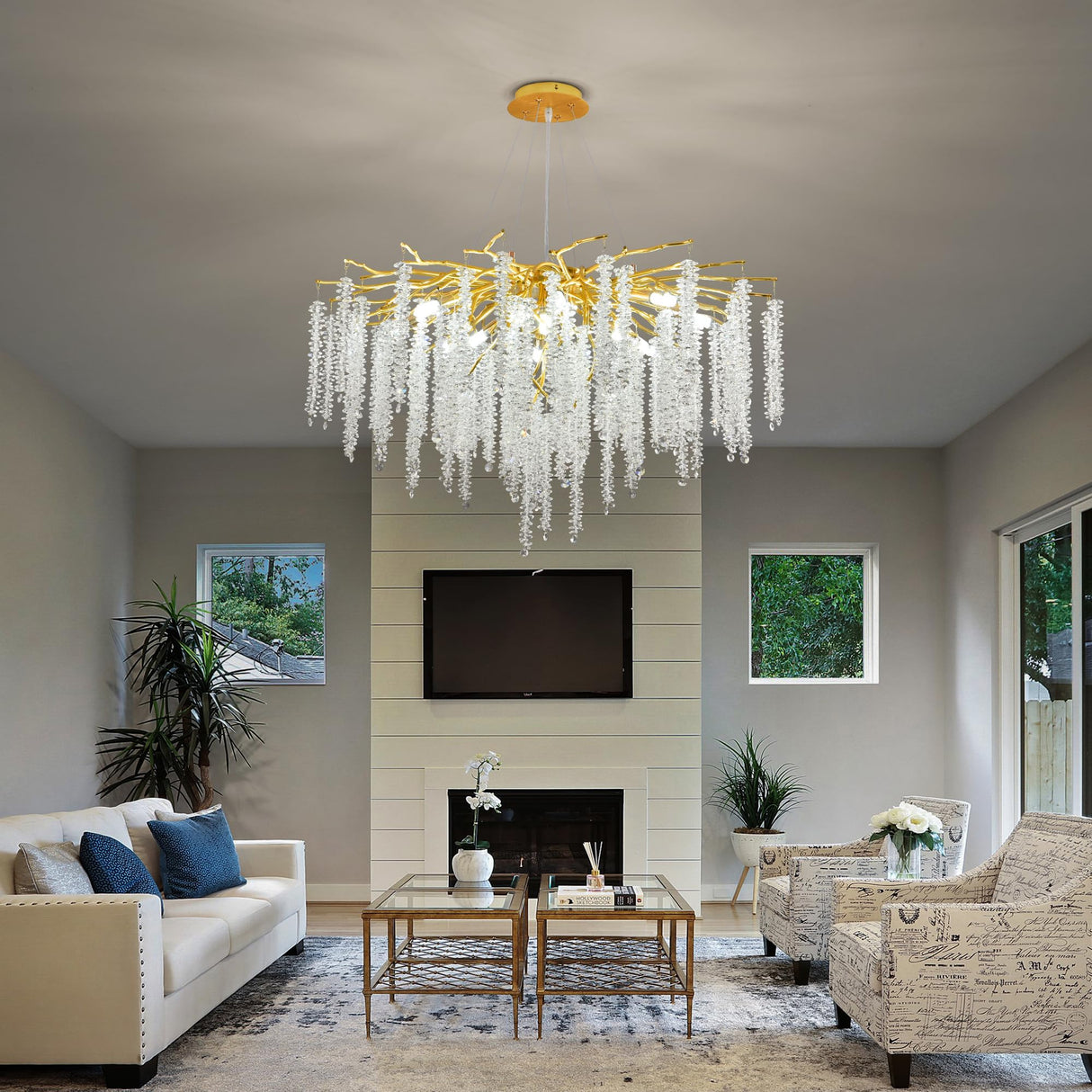 Crystal Tree Branches Chandeliers Gold Luxury Round Raindrop Pendant Light 12 Lights