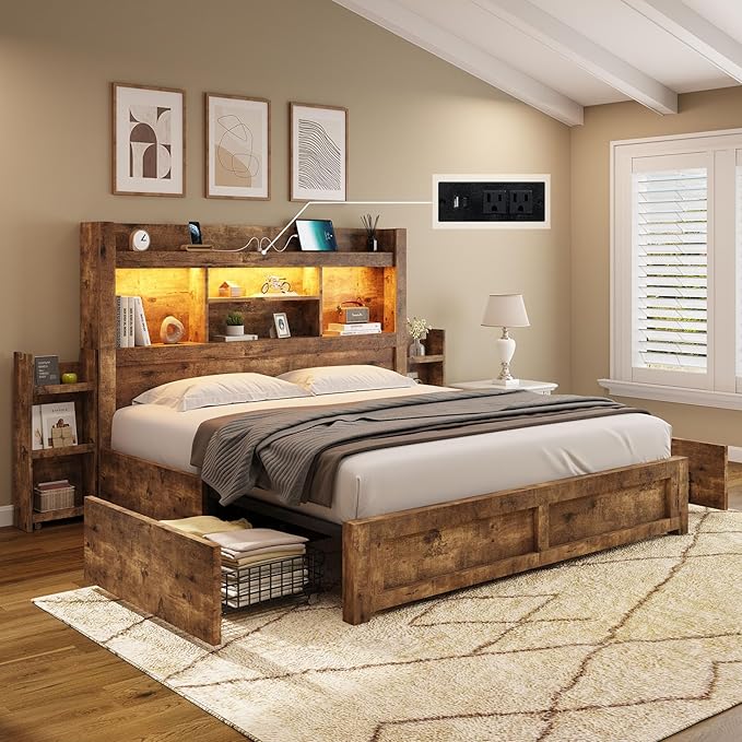 Queen Bed Frame with 4 Storage Drawer, LED Bed Frame with 49.6" Tall Bookcase