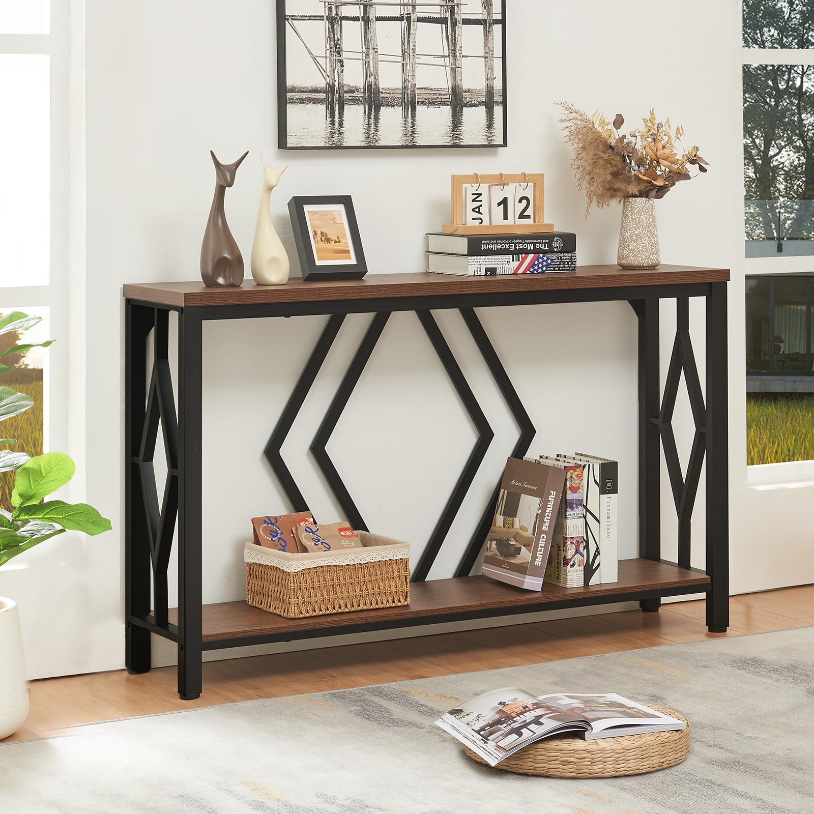 2-Tier Industrial Console Table - Rustic Brown Entryway Table 47"