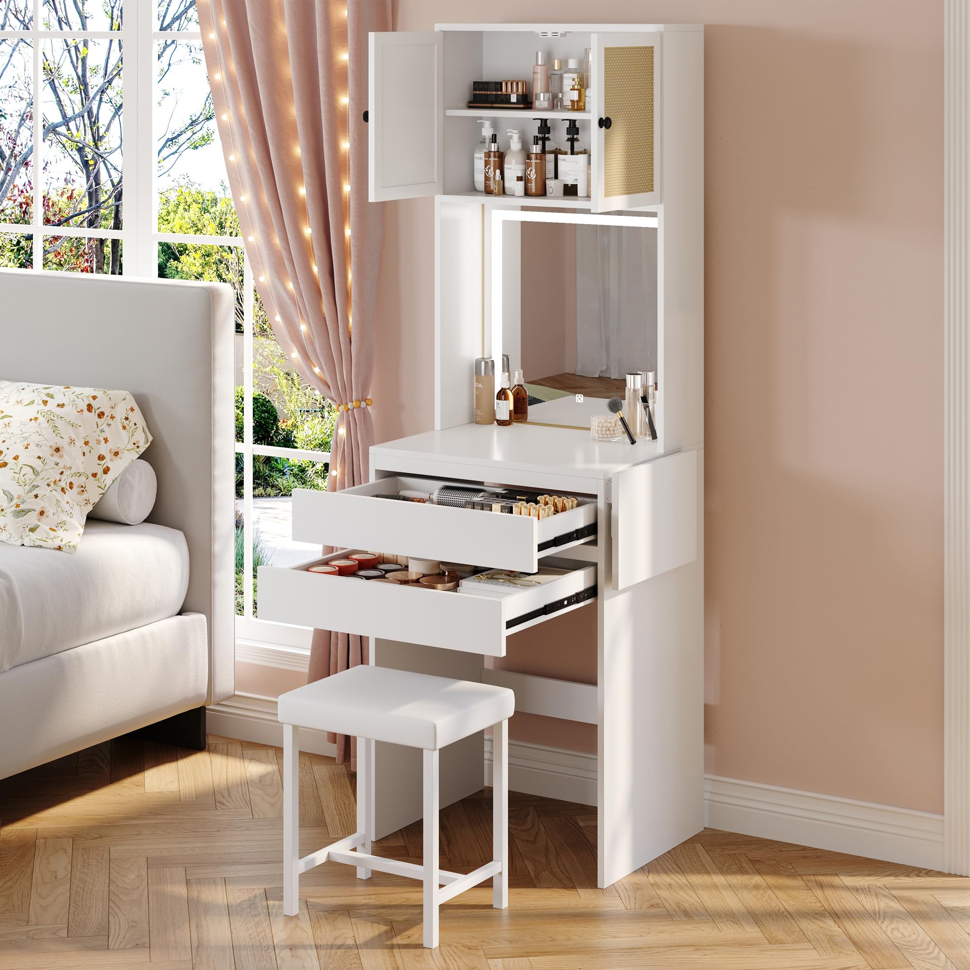 Small Makeup Vanity Desk with Mirror and Lights, Chair, Fold-up Panel, Rattan Cabinet
