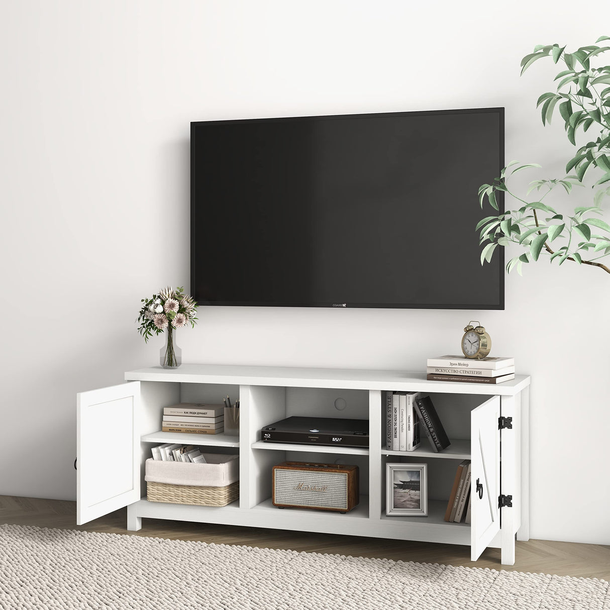 Farmhouse TV Stand for 65 inch TV, Entertainment Center with Storage and Open Shelves,