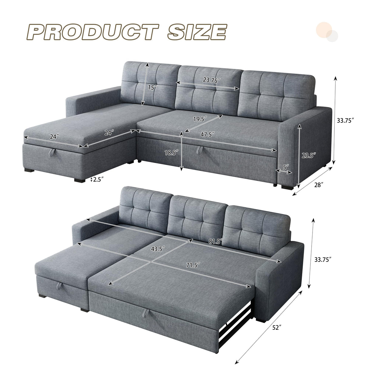 Sleeper Sofa Couch with Pull Out Bed,L Shaped Sleeper Sofa with Storage