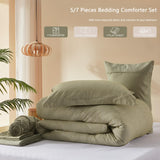 Queen Comforter Set 7 Pieces Bed in a Bag - Olive Green Queen Soft Bedding Set