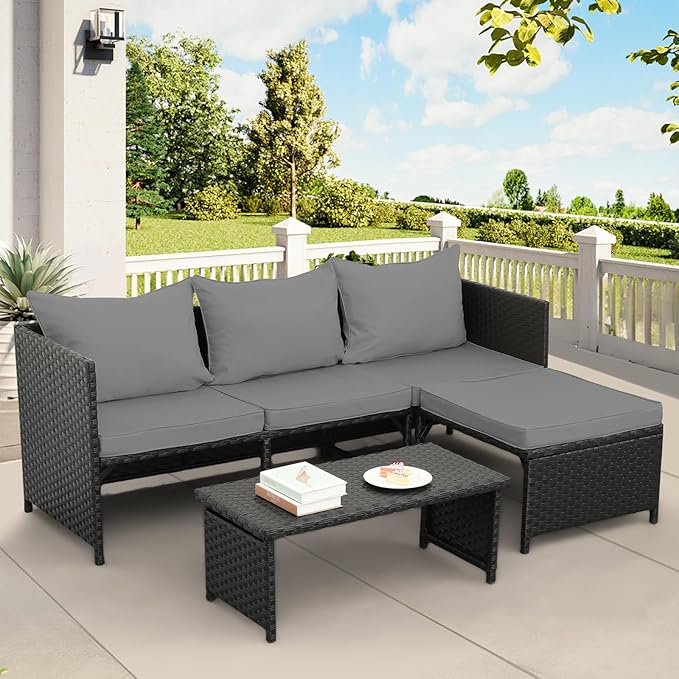 Valita 3-Piece Outdoor PE Rattan Furniture Set Patio Black Wicker Conversation Loveseat Sofa Sectional Couch Khaki Cushion