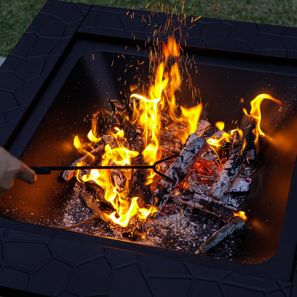 Panovue Multifunctional Fire Pit Table 32 inch Square Metal Firepit Stove Backyard Patio Garden Fireplace for Camping, Outdoor Heating, Bonfire and Picnic - Bircata