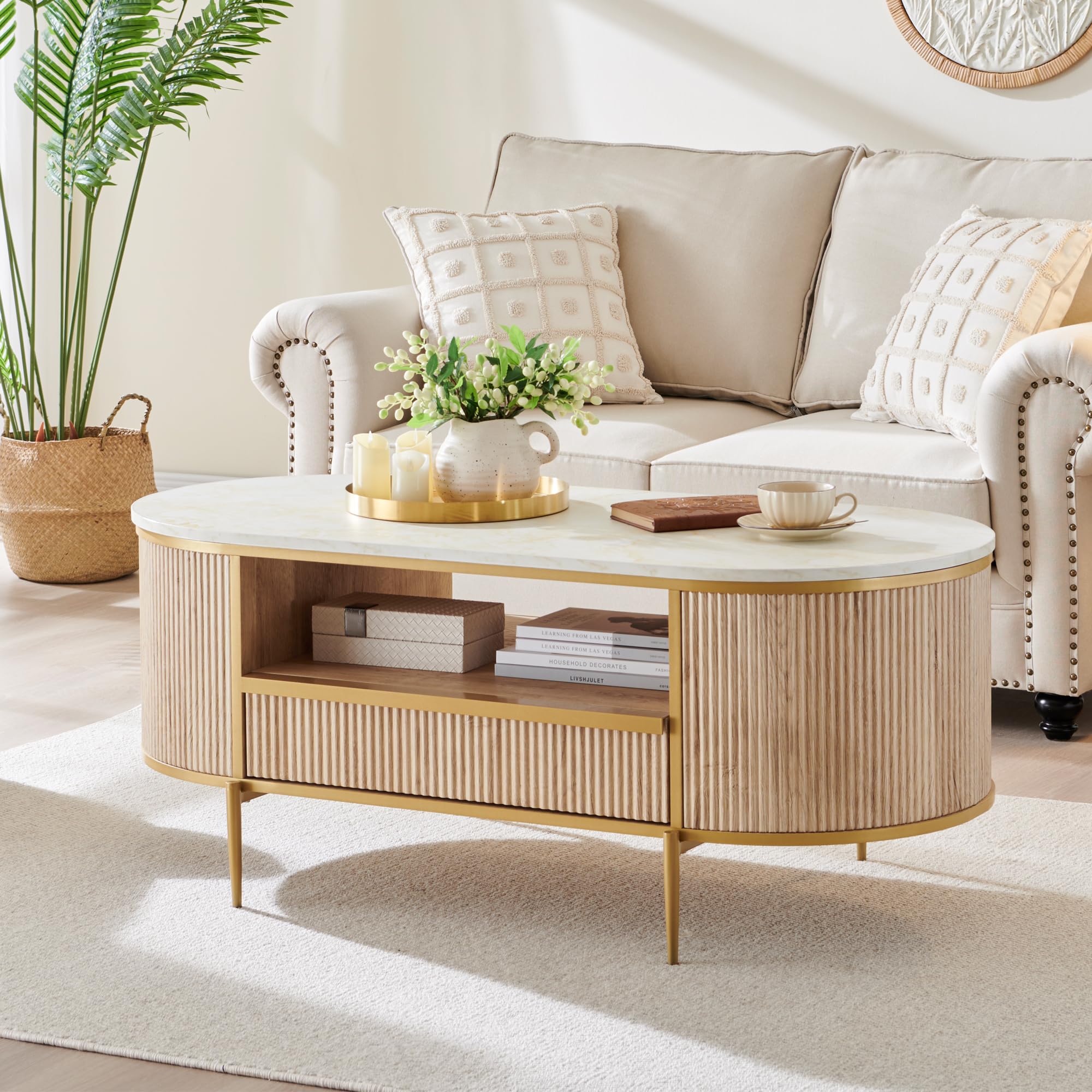 Modern Oval Coffee Table – Faux Marble Top, Gold Metal Accents,