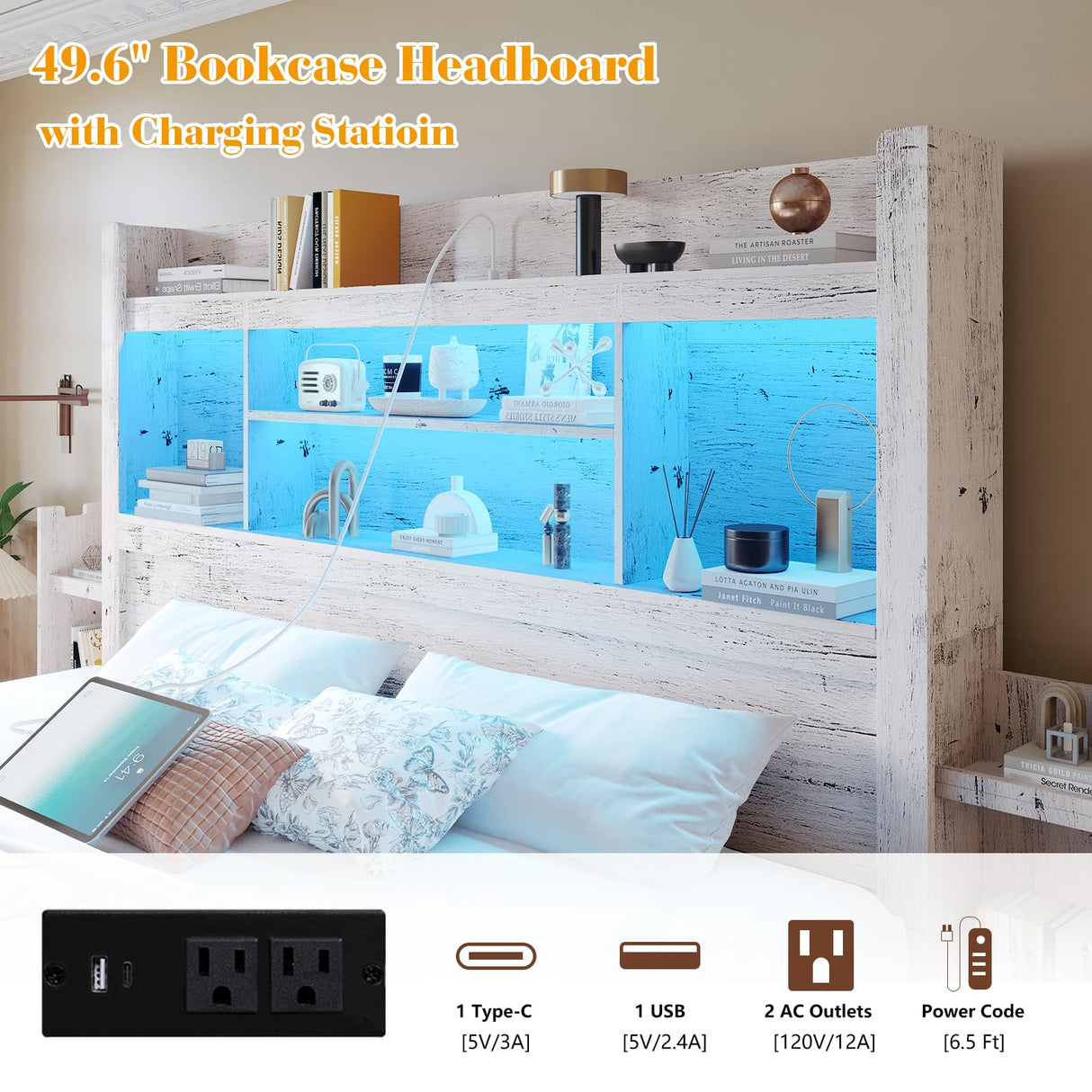 King Bed Frame with 49.6" Bookcase Headboard & 2 Detachable Bedside Stoage Racks