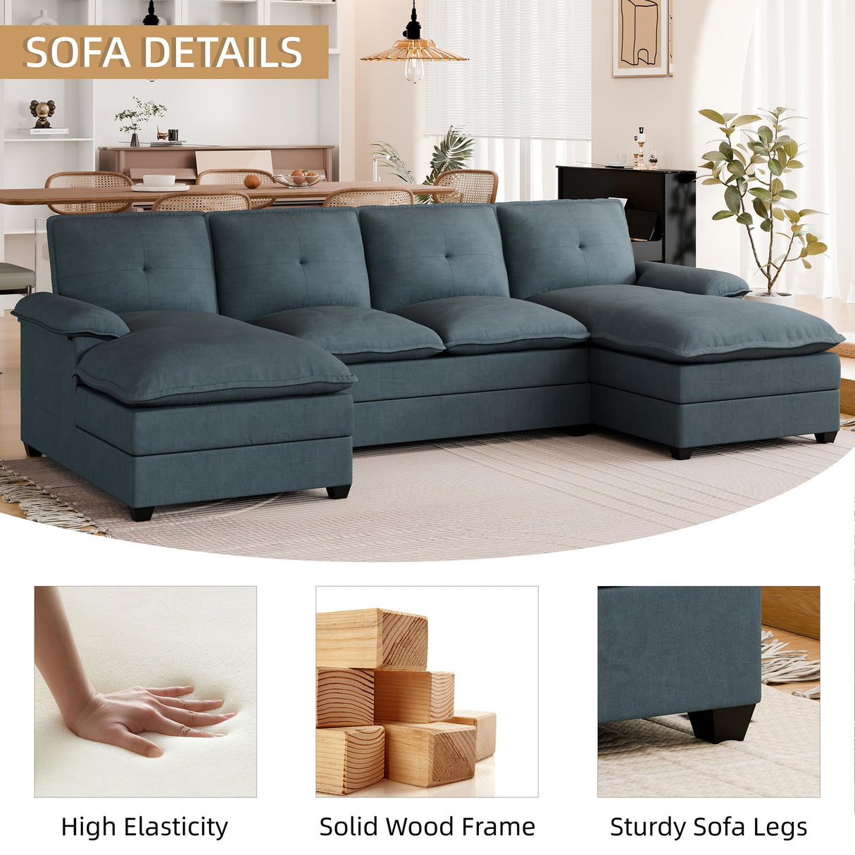 Sectional Couches for Living Room, U-Shaped Couch 4 Seat Sofa Set with Double Chaises,