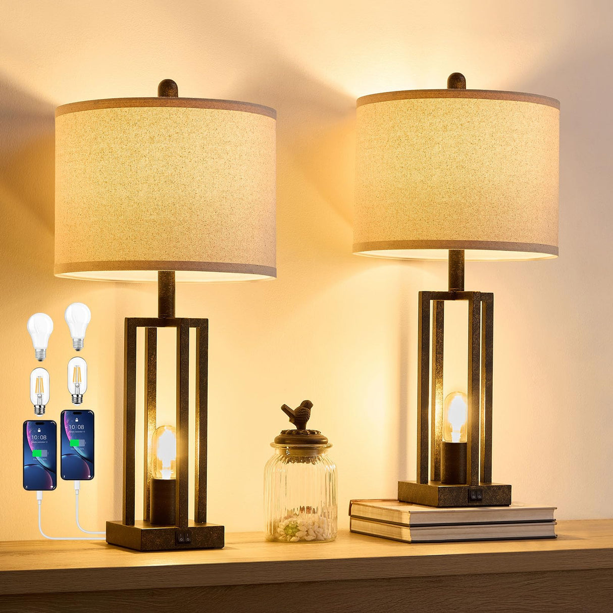 26.6" Farmhouse Table Lamps Set of 2 with USB Ports & Outlet