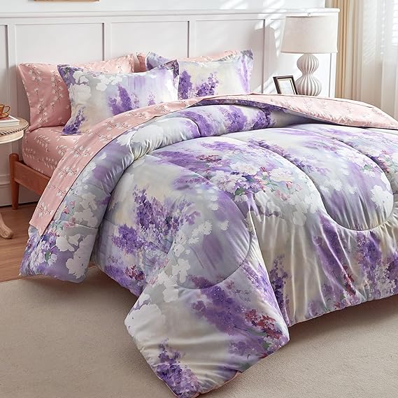 Pink and Light Purple Queen Comforter Set with Sheets, Bed in a Bag 7-Pieces