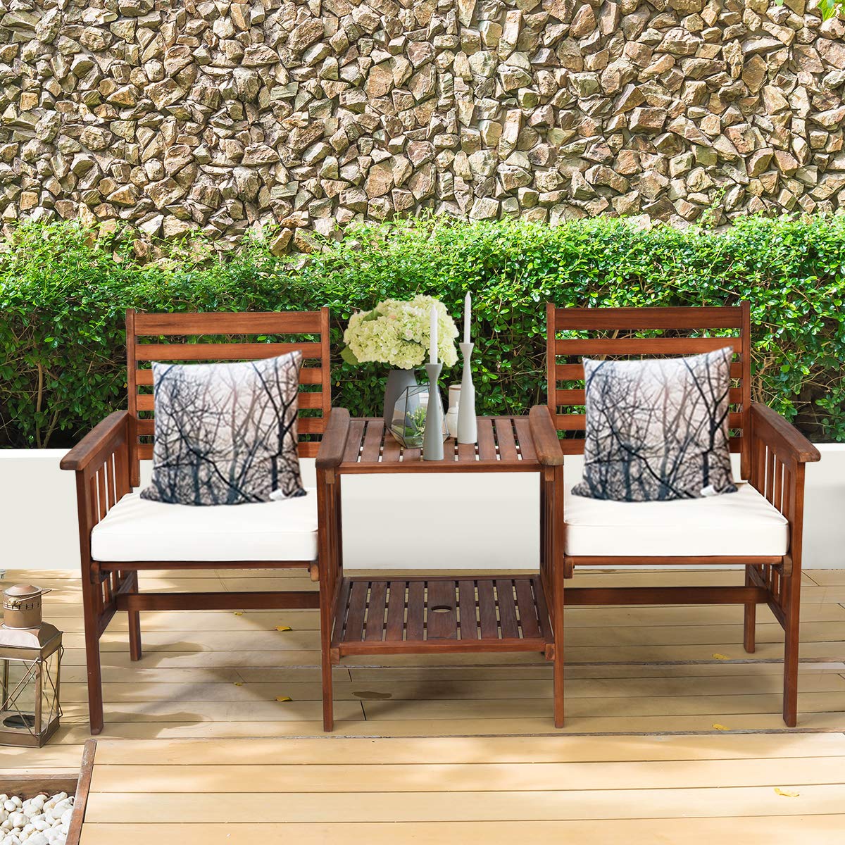 Wood Loveseat, 3pcs Outdoor Table Chairs Set, Patio Conversation Set w/Coffee Table