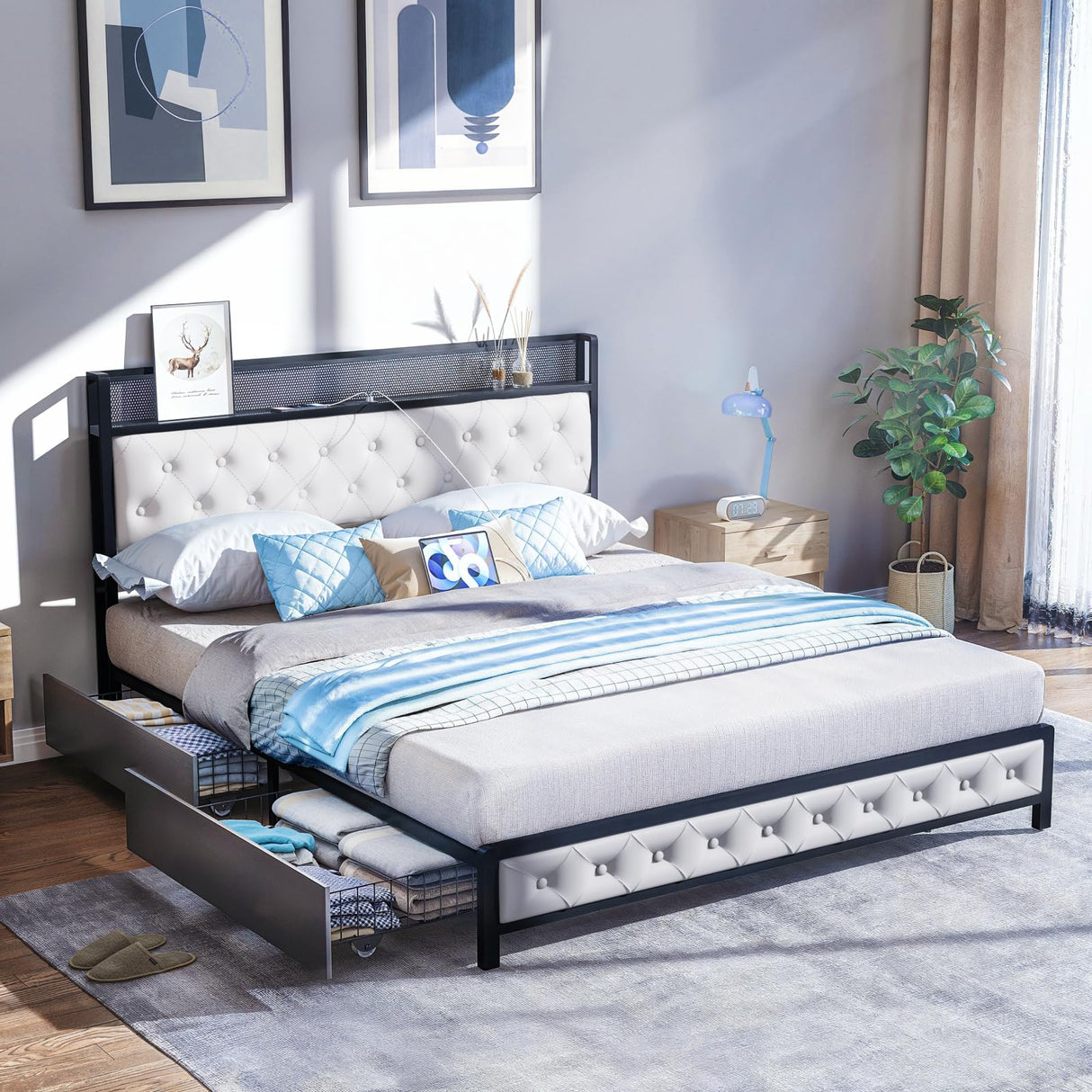 Queen Bed Frame with 4 Storage Drawers, Charging Station and LED Lights, Upholstered Headboard with Storage Shelves